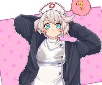 Rule 34 | 1girl, ?, aqua eyes, black jacket, blush, breasts, closed mouth, commentary, elphelt valentine, english commentary, eyelashes, grey hair, guilty gear, guilty gear strive, hat, highres, jacket, nurse, nurse cap, open clothes, open jacket, pink background, raised eyebrows, see-through clothes, see-through shirt, shirt, short hair, solo, speech bubble, spoken question mark, sugajyun, two-tone background, white background, wide-eyed