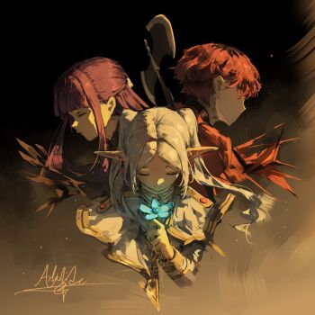 1boy 2girls absurdres arkilide axe battle_axe blunt_bangs capelet closed_eyes closed_mouth commentary earrings elf english_commentary fern_(sousou_no_frieren) flower frieren highres jewelry multiple_girls pointy_ears purple_hair red_hair short_hair sidelocks signature sousou_no_frieren stark_(sousou_no_frieren) teardrop_earrings twintails weapon white_capelet white_hair