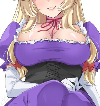 0002koko 1girl arm_on_knee blonde_hair blush bow breasts choker corset crossed_legs dress elbow_gloves frills gloves hair_bow highres large_breasts long_hair looking_at_viewer mature_female parted_lips puffy_short_sleeves puffy_sleeves purple_dress red_bow red_choker red_ribbon ribbon ribbon_choker short_sleeves signature simple_background smile solo touhou white_gloves yakumo_yukari