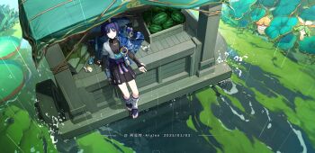 1boy absurdres alalen aranara_(genshin_impact) arm_at_side arm_support armor artist_name belt bird black_belt black_bodysuit black_bow black_bridal_gauntlets black_leggings black_sandals black_shorts blue_cape blue_hat blue_kimono blue_sleeves blunt_ends bodysuit bow bridal_gauntlets bright_pupils cape cart choppy_bangs commentary_request covered_collarbone creature dated eyeliner eyeshadow feathers food from_above fruit genshin_impact gold gold_ring grass hakama hakama_shorts hat highres japanese_armor japanese_clothes jingasa juban kimono kote kurokote lamp layered_sleeves leg_warmers leggings lily_pad looking_at_viewer looking_up makeup male_focus mandarin_collar middle_ring open_clothes open_hand open_kimono outdoors parted_lips plant pleated_shorts pom_pom_(clothes) purple_eyes purple_hair purple_rope purple_sash rain red_eyeliner red_eyeshadow rope sack sandals sash scaramouche_(genshin_impact) short_sleeves shorts shoulder_peek tassel toes wanderer_(genshin_impact) watermelon white_kimono white_leg_warmers white_mouth white_pupils white_sleeves white_trim yellow_feathers zaytun_peach_(genshin_impact) zouri