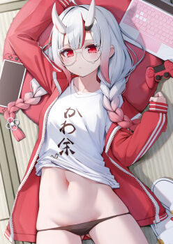 arm_up black_panties braid collarbone computer controller game_controller gradient_hair handheld_game_console hololive horns indoors laptop long_sleeves looking_at_viewer low_twin_braids multicolored_hair nakiri_ayame nakiri_ayame_(7th_costume) nakiri_ayame_(cutie_jersey) navel nyan_(reinyan_007) oni panties puffy_long_sleeves puffy_sleeves red_eyes red_hair round_eyewear shirt skin-covered_horns stomach streaked_hair tatami twin_braids underwear virtual_youtuber white_hair white_shirt