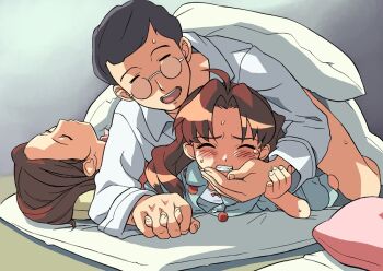 1boy 2girls age_difference bed black_hair blush boy_on_top brown_hair cirima clenched_teeth closed_eyes clothed_sex doggystyle dokkoida edelweiss_(dokkoida) family father_and_daughter flat_chest glasses hetero holding_hands incest interlocked_fingers loli long_hair lying mother_and_daughter multiple_girls on_back on_stomach pajamas pillow prone_bone rape sex sex_from_behind sleep_molestation sleeping stealth_sex sweat tears teeth umeki_mama umeki_papa umeki_ruri volvox wince yobai