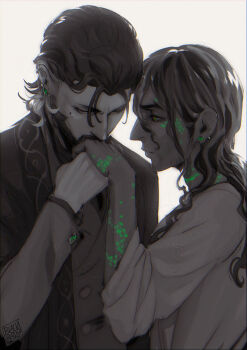 2boys absurdres aquiline_nose bags_under_eyes beard blackberreh-art closed_mouth crow&#039;s_feet curly_hair dark-skinned_male dark_skin design_speculation earrings elias_bouchard eyelashes facial_hair frown_lines green_eyes highres jewelry jonathan_sims lips long_hair mature_male mole mole_under_eye multicolored_hair multiple_boys mustache nose red_pupils scar scar_on_face spot_color the_magnus_archives thick_eyebrows two-tone_hair white_background yaoi