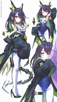 Rule 34 | 1girl, :<, absurdres, arknights, arm up, armpits, black hair, black jacket, black shoes, blue one-piece swimsuit, breasts, cameltoe, character name, chinese commentary, cleavage, collar, colored inner hair, commentary request, covered navel, curtains, egg vibrator, expressionless, frown, full body, green eyes, green hair, high heels, highres, jacket, looking at viewer, mon3tr (arknights), multicolored hair, multiple views, name tag, one-piece swimsuit, pantyhose, pantyhose under swimsuit, pink collar, remote control vibrator, school swimsuit, sex toy, shoes, sleeves past fingers, sleeves past wrists, streaked hair, sweatdrop, swimsuit, swimsuit under clothes, tail, thigh strap, vibrator, vibrator in thigh strap, vibrator under clothes, white pantyhose, xt504, zoom layer