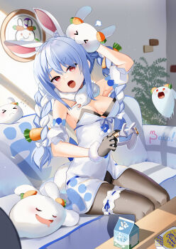 &gt;_&lt; 1girl :o absurdres animal animal_ears animal_on_head arm_up armpit_crease biting black_gloves black_leotard black_pantyhose blob blue_hair blush braid breasts carrot_hair_ornament cleavage clothing_cutout coat coat_dress commentary_request couch creature detached_sleeves dress flying_sweatdrops food-themed_hair_ornament frilled_thigh_strap fur-trimmed_coat fur-trimmed_gloves fur_scarf fur_trim gloves hair_ornament highres hololive leotard leotard_under_clothes long_hair meteor_(yamashou) multicolored_hair on_head orange_eyes pantyhose pekomon_(usada_pekora) puffy_short_sleeves puffy_sleeves rabbit rabbit_ears rabbit_girl rabbit_tail saliva scarf short_eyebrows short_sleeves sitting sleeping small_breasts solo strapless strapless_coat strapless_dress strapless_leotard swept_bangs tail teeth thick_eyebrows thigh_strap tongue twin_braids twintails two-tone_hair upper_teeth_only usada_pekora usada_pekora_(1st_costume) virtual_youtuber white_coat white_footwear white_hair white_scarf white_sleeves