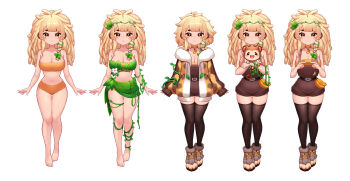 1girl animal animal_ears bad_link banana bananajuju barefoot belt black_thighhighs blonde_hair bra breasts cleavage closed_mouth collar controller dreadlocks flower food fruit full_body fur_trim game_controller highres holding holding_animal holding_controller holding_game_controller indie_virtual_youtuber large_breasts leaf leaf_bra leaf_skirt long_hair looking_at_viewer monkey monkey_ears multiple_views navel official_art orange_bra orange_collar orange_panties overall_shorts overalls panties plant quaften_derpy shoes simple_background straight-on thighhighs underwear virtual_youtuber white_background white_flower yellow_eyes