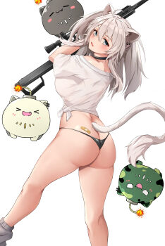 1girl absurdres ahoge animal_ear_piercing animal_ears ass bandaid_on_back black_choker blush breasts choker commentary_request fang grey_eyes grey_hair gun highres holding holding_gun holding_weapon hololive large_breasts lion_ears lion_girl lion_tail long_hair looking_at_viewer official_alternate_costume rifle shishiro_botan shishiro_botan_(midnight_convenience_store) sideboob skin_fang sniper_rifle solo ssrb_(shishiro_botan) tail two_side_up utdkaz virtual_youtuber weapon