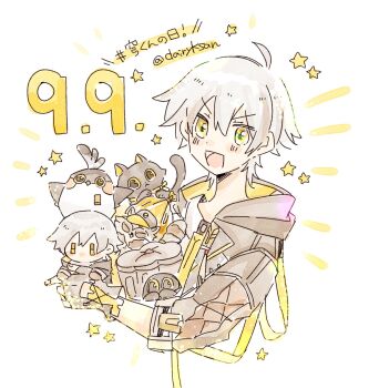 1boy ahoge animal animal_ears animal_nose bandana beak bird bird_wings black_cat black_coat black_fur black_gloves blush caelus_(honkai:_star_rail) cake_cat_(honkai:_star_rail) cat cat_ears cat_tail character_doll coat dairyksan dated doll fingerless_gloves fingernails galactic_baseballer_(honkai:_star_rail) gloves grey_hair hair_between_eyes hashtag-only_commentary highres holding holding_doll honkai:_star_rail honkai_(series) hood hooded_coat lapels long_sleeves male_focus notice_lines open_clothes open_coat open_mouth raccoon raccoon_ears raccoon_tail short_hair simple_background smile solo star_(symbol) tail tassel tongue trailblazer_(honkai:_star_rail) trailblazer_(trailbirder)_(honkai:_star_rail) trailblazer_(trash_cake)_(honkai:_star_rail) trash_bag two-sided_coat two-sided_fabric upper_body v-shaped_eyebrows white_background wings yellow_bandana yellow_coat yellow_eyes