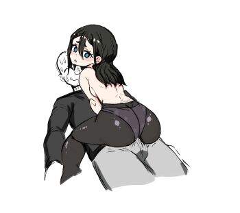 1boy 1girl absurdres alternate_hairstyle ass backboob black_hair blue_eyes blush breasts bulge erection erection_under_clothes futoku_no_guild girl_on_top highres huge_ass large_breasts legs long_hair looking_at_viewer looking_back nervous_sweating open_mouth panties panties_under_pantyhose pants pantyhose sitting sitting_on_person sweat sweater teasing thick_thighs thighs tokishikko_dana topless_female underwear