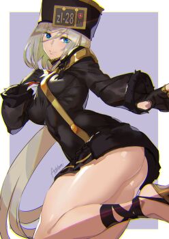 1girl alternate_color artist_name ashiomi_masato ass bare_legs belt black_gloves blonde_hair blue_eyes blush border breasts butt_crack closed_mouth dress fingerless_gloves fur_hat gloves guilty_gear guilty_gear_xrd hair_between_eyes hand_on_own_chest hat high_heels leg_up license_plate long_hair long_sleeves looking_at_viewer medium_breasts millia_rage no_legwear purple_background simple_background smile solo underwear white_border