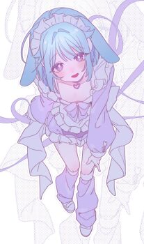 1boy alternate_costume androgynous animal_ears apron back_bow blue_hair blunt_bangs blunt_ends blush bob_cut bow bowtie choker collarbone colored_eyelashes commentary crossdressing crossdressing_(mtf) dress enmaided ensemble_stars! frilled_apron frilled_dress frills from_above hair_intakes heart heart_choker highres kneehighs long_sleeves looking_at_viewer looking_up loose_socks maid maid_apron maid_headdress main_423 male_focus male_maid open_mouth outline puffy_long_sleeves puffy_sleeves purple_bow purple_bowtie purple_choker purple_dress purple_eyes purple_ribbon purple_socks rabbit_ears ribbon shino_hajime shoes short_dress short_hair smile socks solo symbol-only_commentary trap white_apron white_background white_bow white_outline white_shoes zoom_layer