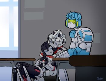 3boys absurdres blue_eyes decepticon desk faceplate gridman_universe highres male_focus mecha megatron megatron_(shattered_glass) multiple_boys no_humans parody robot soundwave soundwave_(transformers) ssss.gridman starscream starscream_(shattered_glass) transformers transformers_shattered_glass