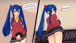 1girl 3d animated ass ass_shake blue_hair brown_eyes come_hither english_text fairy_tail highres huge_ass koikatsu_(medium) legs looking_at_viewer looking_back multiple_views naughty_face no_panties open_mouth skirt smile solo tagme teasing thighs tongue twintails video wendy_marvell