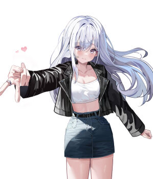 1girl absurdres belt black_jacket blush breasts collarbone commentary crop_top crop_top_overhang denim denim_skirt grey_eyes grey_hair highres jacket jewelry long_hair looking_at_viewer mahyo midriff_peek original ring skirt small_breasts solo standing sweatdrop v