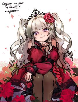 1girl artist_name astraline bare_shoulders beatrice_beaufort blunt_bangs brown_pantyhose closed_mouth commentary cowboy_shot dress english_commentary english_text flower frilled_dress frills grey_hair hair_flower hair_ornament hand_on_own_chin heart highres long_hair long_sleeves looking_at_viewer pantyhose petals purple_eyes red_dress red_flower red_rose rose ryuuxin sitting smile solo tiara virtual_youtuber white_background