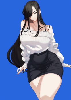 1girl bare_shoulders black_eyes black_hair black_nails black_skirt blue_background blueorca bra_strap breasts bright_pupils collarbone commentary english_commentary hair_over_one_eye hasshaku-sama highres japanese_urban_legends large_breasts long_hair looking_at_viewer off-shoulder_sweater off_shoulder original pencil_skirt ribbed_sweater simple_background skirt solo sweater sweater_tucked_in tall_female taut_clothes taut_skirt thighs very_long_hair white_pupils white_sweater