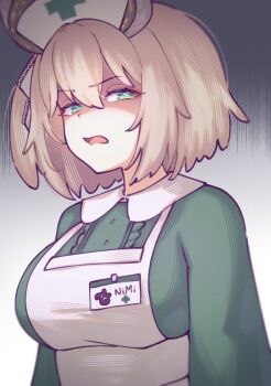 Rule 34 | 1girl, angry, animal ears, apron, breasts, brown hair, commentary, crossed bangs, disgust, double-parted bangs, dress, green dress, green eyes, hair between eyes, highres, indie virtual youtuber, large breasts, long sleeves, maid apron, name tag, nimi nightmare, nimi nightmare (1st costume), one side up, scowl, sher (imnotsher), short hair, tapir ears, upper body, virtual youtuber, white apron