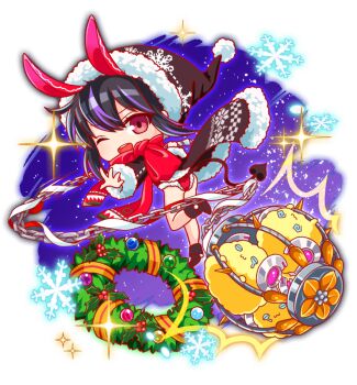 1girl 3others alternate_costume animal_ears ankle_boots artist_request bare_legs black_coat black_footwear black_hair black_hat black_sleeves boots cage cel_shading chain chibi christmas christmas_ornaments christmas_wreath closed_mouth coat collar collared_coat crash_fever creature demon_tail fake_animal_ears freud_(crash_fever) from_behind full_body game_cg hat holding holding_chain horns knees_together_feet_apart knot leg_up long_sidelocks looking_at_viewer mechanical_horns mistletoe multicolored_hair multiple_others number_print numbered official_alternate_costume official_art one_eye_closed open_clothes open_coat outline outstretched_arms pink_eyes pom_pom_(clothes) print_coat print_headwear print_scarf puffy-trimmed_coat puffy-trimmed_hat puffy-trimmed_leotard puffy_collar puffy_sleeve_cuffs purple_hair rabbit_ears red_outline ribbon santa_hat scarf short_hair sidelocks sleeve_cuffs snowflake_print snowflakes solo_focus sparkle spread_arms square square_print star_(sky) streaked_hair tachi-e tail tearing_up teeth third-party_source transparent_background two-tone_hair upper_teeth_only white_collar white_pom_poms wreath wrench yellow_ribbon