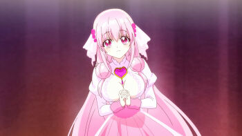 1girl anime_screenshot blush breasts cleavage cleavage_cutout clothing_cutout dress floor flower frown hands_on_own_chest heart-shaped_gem highres holding_hands huge_breasts konoha_magnolia large_breasts long_hair looking_at_viewer pink_dress pink_eyes pink_hair red_flower red_rose rose solo tensei_akujo_no_kuro_rekishi tiara veil