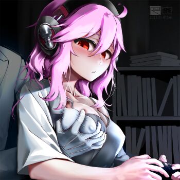 1boy 1girl ahoge bra breasts collarbone controller game_controller grabbing_another's_breast grey_bra groping hair_between_eyes headphones highres holding holding_controller holding_game_controller indoors large_breasts long_hair purple_hair red_eyes richard_li shirt short_sleeves solo_focus tirpitz_(warship_girls_r) underwear warship_girls_r white_shirt