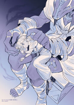 2boys adapted_costume adjusting_another&#039;s_hair age_difference aged_down bandaged_wrist bandages box capelet child closed_mouth cursed_energy_(jujutsu_kaisen) cyno_(genshin_impact) energy fingernails foot_dangle from_above furry furry_male furry_with_non-furry fushitasu genshin_impact gradient_background hair_behind_ear hair_over_one_eye harem_pants hermanubis_(genshin_impact) highres interspecies light_frown limited_palette lying lying_on_lap lying_on_person male_focus monochrome multiple_boys no_headwear on_box on_person on_side pants ribbon sharp_fingernails sharp_toenails sitting size_difference toenails twitter_username wide-eyed wrist_ribbon