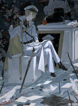 2boys age_difference aged_down aiguillette alkaid_mcgrath alkaid_mcgrath_(infinite_empire) apple apple_tree belt bird black_belt black_cape black_gloves black_shirt black_shoes black_shorts blonde_hair blood buttons cape chinese_commentary closed_mouth coat collared_shirt crack crossed_legs double-breasted dual_persona flood food fruit full_body gloves green_eyes hair_between_eyes hand_up hat head_out_of_frame heroine_(lovebrush_chronicles) highres lapel_pin lapels light_smile long_sleeves looking_at_viewer lovebrush_chronicles male_focus medium_hair military_hat military_uniform multiple_boys necktie notched_lapels pants paper paper_boat partially_immersed peaked_cap pedestal picture_frame portrait_(object) puffy_long_sleeves puffy_sleeves sam_browne_belt shirt shoes shorts side_cape simian_(13524987jepsen) soaking_feet solo solo_focus sword tree two-sided_cape two-sided_fabric water watermark weapon weibo_watermark white_coat white_pants white_shirt yellow_cape yellow_necktie