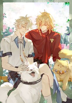 2boys alternate_costume antenna_hair black_choker black_shoes black_shorts blonde_hair blue_eyes braid cat chinese_commentary choker collared_shirt commentary_request dog facial_tattoo gold_necklace gradient_hair headpat honkai:_star_rail honkai_(series) jewelry male_focus medium_hair multicolored_hair multiple_boys mydei_(honkai:_star_rail) necklace parted_bangs phainon_(honkai:_star_rail) red_hair red_shirt red_tattoo shirt shoes short_hair short_sleeves shorts side_braid socks sorley_tor tattoo white_hair white_shirt white_socks yellow_eyes