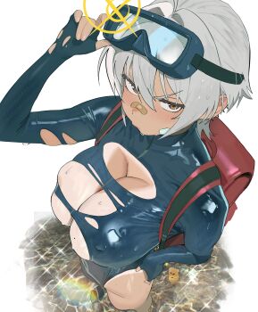 Rule 34 | 1girl, absurdres, backpack, bag, blush, breasts, brown eyes, character request, commentary request, from above, goddess of victory: nikke, goggles, goggles on head, grey hair, hair between eyes, highres, hintobento, large breasts, looking at viewer, short hair, simple background, solo, standing, tan, tanline, thighs, wet, white background