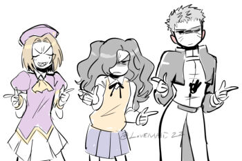 3boys angry armor ascot atlas_academy_uniform beret black_hair blonde_hair blue_skirt cosplay cropped_jacket crossdressing crossdressing_(mtf) curtained_hair expressionless grey_hair hair_over_one_eye hat highres houkago_rojiura_doumei! long_hair long_sleeves lovemaid22 male_focus melty_blood michael_roa_valdamjong multiple_boys night_of_wallachia nrvnqsr_chaos one_eye_closed purple_shirt ribbon riesbyfe_stridberg riesbyfe_stridberg_(cosplay) sharp_teeth shirt short_hair sion_eltnam_(type-moon) sion_eltnam_atlasia sion_eltnam_atlasia_(cosplay) sketch skirt smile teeth tsukihime two_side_up vest white_skirt wing_collar yellow_ascot yellow_vest yumizuka_satsuki yumizuka_satsuki_(cosplay)