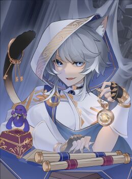 Rule 34 | 1girl, absurdres, animal ear fluff, animal ears, blue eyes, breasts, cat ears, cat girl, cat tail, cipher (atticus) (honkai: star rail), cipher (honkai: star rail), cloak, commentary, english commentary, faizfs, fang, fingerless gloves, fingernails, gloves, grey hair, highres, holding, holding with tail, honkai: star rail, honkai (series), hood, hood up, hooded cloak, indoors, keyring, long fingernails, looking at viewer, medium breasts, multicolored hair, nail polish, open mouth, pillar, prehensile tail, scroll, short hair with long locks, skin fang, smile, solo, spirithief bartholos (honkai: star rail), tail, tunic, two-tone hair, upper body, white cloak, white hair, white tunic, yellow nails