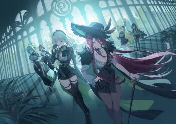 >:) 6+girls ahoge aqua_hair backlighting black_coat black_dress black_hair black_hairband black_hat black_pantyhose black_skirt black_thighhighs blonde_hair blue_eyes breasts brown_hair cane character_request cleavage coat double_bun dress earrings game_cg gradient_hair green_eyes green_hair grey_hair grey_shirt hair_between_eyes hair_bun hairband hat highres holding holding_cane jewelry large_breasts legwear_garter long_hair long_hair_between_eyes long_skirt looking_at_viewer loosely_tucked_bangs miniskirt multicolored_hair multiple_girls non-web_source official_art open_clothes open_coat pantyhose pleated_skirt red_hair shirt short_dress side_slit single-shoulder_dress skirt smile stella_sora streaked_hair thighhighs united_harvest_(stella_sora) v-shaped_eyebrows very_long_hair white_shirt