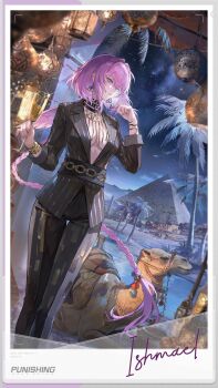 1girl absurdres black_jacket black_pants blurry blurry_foreground bracelet braid braided_ponytail breasts camel character_name cloud commentary copyright_name crossed_bangs cup drinking_glass dutch_angle earrings english_commentary feathered_wings fingernails grey_eyes hair_between_eyes hair_intakes hands_up highres holding holding_cup ishmael_(pgr) jacket jewelry lamp long_hair long_sleeves looking_ahead medium_breasts nail_polish night no_bra official_art palm_tree pants parted_lips pink_hair pink_wings polaroid_photo punishing:_gray_raven purple_nails pyramid_(structure) river sky sleeves_rolled_up snake_bracelet solo standing star_(sky) starry_sky suit_jacket tree triangle_earrings very_long_hair water wine_glass wings