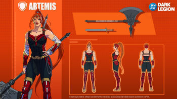 1girl amazon_warrior artemis_of_bana-mighdall bandages bare_shoulders batman_(series) black_bodysuit bodysuit breasts cleavage commentary dc:_dark_legion dc_comics english_commentary full_body hand_wraps highres large_breasts long_hair multicolored_bodysuit multiple_views muscular official_art red_hair red_hood_and_the_outlaws reference_sheet simple_background superhero_costume taut_bodysuit turnaround two-tone_bodysuit western_comics_(style) wonder_woman_(series)