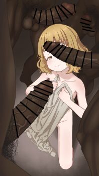 1girl 4boys age_difference bar_censor black_background blonde_hair blush censored closed_mouth collarbone completely_nude covering_breasts covering_privates dark-skinned_male dark_skin dot_nose dress erection eyelashes feet_out_of_frame from_above gradient_background grey_background grey_dress half-closed_eyes hands_on_own_chest hetero himemiya_yuki imminent_fellatio interracial kneeling large_penis loli looking_at_viewer looking_up manemane_nichinichi medium_hair misaia multiple_boys naughty_face nude penis penis_on_face penis_over_one_eye simple_background size_difference smile solo_focus testicles two-tone_background unworn_dress variant_set very_dark_skin yellow_eyes