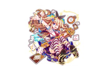 1girl alice&#039;s_adventures_in_wonderland alice_(alice_in_wonderland) alice_(alice_in_wonderland)_(cosplay) alternate_costume alternate_hair_ornament animal_print apron aqua_sailor_collar aqua_skirt aqua_wrist_cuffs artist_request back_bow black_footwear black_ribbon blue_eyes blush bottle bow braid breasts buttoned_cuffs buttons card cel_shading cosplay crash_fever cross-laced_clothes cross-laced_skirt diamond_(shape) diamond_print full_body game_cg hair_between_eyes hair_ornament hair_ribbon half_updo heart holding holding_key horizontal-striped_thighhighs key lace-trimmed_apron lace_trim legs_apart long_hair long_sidelocks medium_breasts miniskirt mobius_(crash_fever) official_alternate_costume official_alternate_hair_ornament official_art one_eye_closed outline oversized_object playing_card pocket_watch rabbit_print red_outline red_ribbon ribbon sailor_collar shirt shoe_soles short_sleeves sidelocks simple_background skirt sleeve_cuffs solo spade_(shape) star_(symbol) striped_clothes striped_skirt tachi-e transparent_background two-sided_collar two-tone_ribbon two-tone_thighhighs two_side_up underbust usagi_(crash_fever) vertical-striped_clothes vertical-striped_skirt very_long_hair very_long_sidelocks watch wavy_hair white_apron white_shirt wrist_cuffs