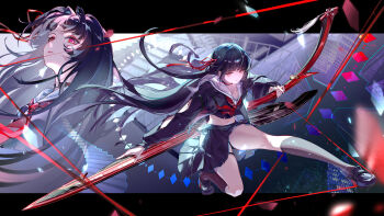1girl absurdres arm_cutout artist_request black_choker black_hair black_shirt black_shoes black_skirt black_socks check_artist chinese_commentary chisa_(wuthering_waves) choker closed_mouth clothing_cutout commentary_request crop_top hair_ribbon highres holding holding_sword holding_weapon long_hair long_sleeves looking_at_viewer midriff multiple_views navel neckerchief partial_commentary red_eyes red_neckerchief red_ribbon ribbon sailor_collar shirt shoes skirt socks sword tacet_mark_(wuthering_waves) thighs weapon white_sailor_collar wuthering_waves zelphal
