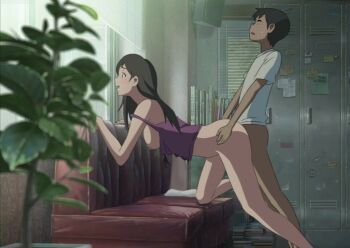 1boy 1girl age_difference arched_back blouse bottomless breasts couch doggystyle flower_pot hetero medium_breasts mizuno_(pixiv31352320) mole mole_under_eye mr_trace_mosha nipples no_panties no_pants off_shoulder on_one_knee onee-shota purple_shirt sex sex_from_behind shirt shota sleeveless sleeveless_shirt suga_natsumi sweat teenage_girl_and_younger_boy tenki_no_ko white_shirt