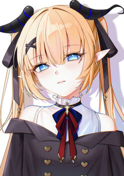 1girl absurdres bare_shoulders black_dress black_ribbon blonde_hair blue_eyes blue_ribbon blush chromatic_aberration closed_mouth collar collar_jewel commentary_request cross demon_horns dress frilled_collar frills hair_between_eyes hair_ornament highres horns long_hair long_sleeves looking_at_viewer mole mole_under_eye original pointy_ears red_ribbon ribbon shadow shirt sidelocks sleeveless sleeveless_shirt solo striped_horns twintails upper_body white_shirt yuuca