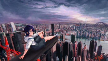 Rule 34 | 1girl, absurdres, bao (pixiv 99415611), black shorts, blue eyes, blue hair, bridge, building, canal, city, closed mouth, commentary, crane (machine), english commentary, highres, hiodoshi ao, hololive, hololive dev is, medium hair, outdoors, shirt, shorts, solo, suspenders, virtual youtuber, water, white shirt, wolf cut