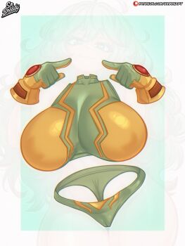 1girl alternate_breast_size_(larger) boku_no_hero_academia breasts cameltoe deku&#039;s_photo_of_hagakure_toru gloves green_eyes hagakure_toru halterneck highres huge_breasts invisible long_hair official_alternate_costume pointing pointing_at_self skin_tight srbready two-tone_gloves underwear