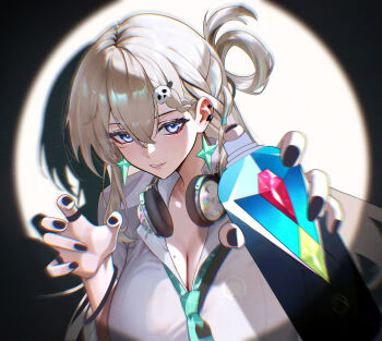 1girl absurdres aqua_necktie black_nails blonde_hair blue_eyes braid braided_bangs breasts can cleavage commentary earrings fingernails hair_between_eyes hair_ornament hands_up headphones headphones_around_neck highres holding holding_can jewelry large_breasts long_hair looking_at_viewer lynae_(wuthering_waves) mole mole_on_breast necktie nervi_fd parted_lips skull_hair_ornament smile solo spray_can star_(symbol) star_earrings upper_body wuthering_waves