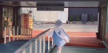 1girl absurdres blue_jacket blue_shorts from_behind grey_hair hair_bobbles hair_ornament hamtaro_(series) highres hood hood_down jacket long_sleeves multicolored_jacket original outdoors ribbon_(hamtaro) shiratsuyu_mone short_hair shorts socks solo two-tone_jacket vending_machine white_jacket white_socks