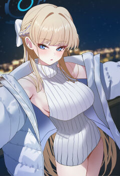 absurdres alternate_costume blonde_hair blue_archive blue_eyes blue_halo blue_jacket blue_streaks blurry blurry_background bow breasts casual commentary commission down_jacket dress english_commentary hair_bow halo highres jacket large_breasts long_hair looking_at_viewer mango_(mango0208) open_clothes open_jacket pixiv_commission sleeveless sleeveless_sweater sleeveless_turtleneck sweater sweater_dress toki_(blue_archive) turtleneck turtleneck_sweater