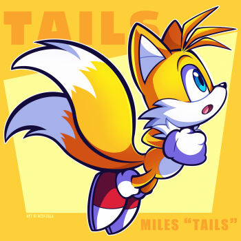 1boy absurdres blue_eyes character_name commentary english_commentary fox_boy from_side full_body furry furry_male gloves highres looking_up male_focus open_mouth red_shoes shoes solo sonic_(series) tails_(sonic) white_gloves woofzilla yellow_background