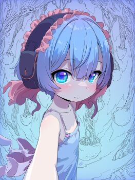 Rule 34 | 1boy, back bow, blue eyes, blue hair, blush, bow, camisole, closed mouth, collarbone, commentary, crossdressing, crossdressing (mtf), english commentary, foreshortening, frilled hairband, frills, hairband, hairband pouch, highres, looking at viewer, made in abyss, male focus, maruruk, monochrome background, outstretched arm, reaching, reaching towards viewer, sekaineko 001, short hair, solo, spaghetti strap, trap, tree, upper body, upside-down background, white bow, white camisole