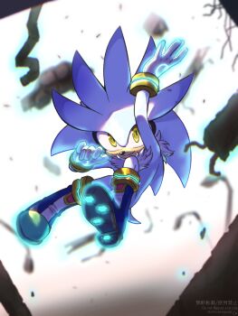 1boy 3582y animal_ears animal_nose body_fur boots bracelet commentary_request debris full_body furry furry_male gloves glowing gold_bracelet grey_fur hedgehog_boy highres jewelry looking_at_viewer male_focus neck_fur short_tail silver_the_hedgehog smile solo sonic_(series) tail telekinesis watermark white_fur white_gloves yellow_eyes
