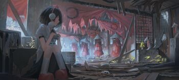 Rule 34 | 4others, ajirogasa, ambiguous gender, architecture, black hair, black neckwear, black ribbon, black skirt, camera, curtains, dilapidated, east asian architecture, fjsmu, foreshortening, fox statue, hat, highres, holding, holding camera, inari, knees together feet apart, looking back, multiple others, on floor, pom pom (clothes), puffy short sleeves, puffy sleeves, red eyes, red footwear, red headwear, ribbon, ruins, shameimaru aya, shirt, short hair, short sleeves, sitting, skirt, tokin hat, touhou, untucked shirt, white legwear, white shirt, wooden floor