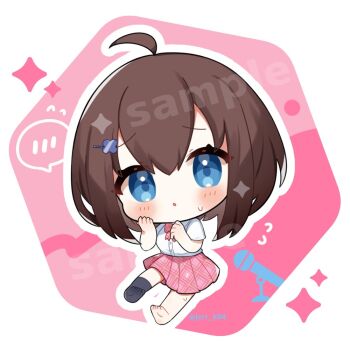1girl :o ahoge black_socks blue_eyes blush bow bowtie brown_hair buttons chibi chibi_only collared_shirt commentary_request full_body indie_virtual_youtuber kashiwase_karune looking_at_viewer makita_tsugumi microphone no_shoes open_mouth outline pink_background pink_bow pink_bowtie pink_skirt plaid_clothes plaid_skirt pleated_skirt shirt short_hair short_sleeves single_bare_foot single_sock skirt socks solo sweatdrop twitter_username virtual_youtuber white_outline white_shirt