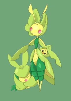 absurdres antennae closed_eyes evolutionary_line gen_5_pokemon green_background highres leavanny lonewolf_0471 nintendo no_humans pokemon pokemon_(creature) red_eyes sewaddle simple_background swadloon