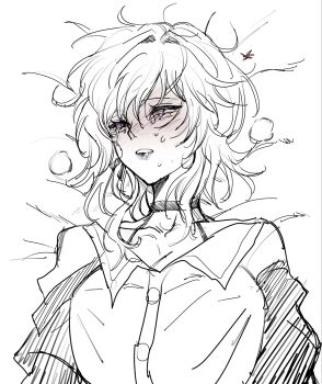 1girl blue_eyes blush breasts buttons choker collarbone collared_shirt commentary_request crying crying_with_eyes_open drooling empty_eyes greyscale haegu7o hair_between_eyes highres honkai:_star_rail honkai_(series) huffing implied_selfcest implied_yuri jacket korean_commentary large_breasts lips lying march_7th_(honkai:_star_rail) march_7th_(preservation)_(honkai:_star_rail) monochrome multicolored_eyes on_back on_bed open_clothes open_jacket purple_eyes shirt short_hair sidelocks solo sweat tears teeth upper_body